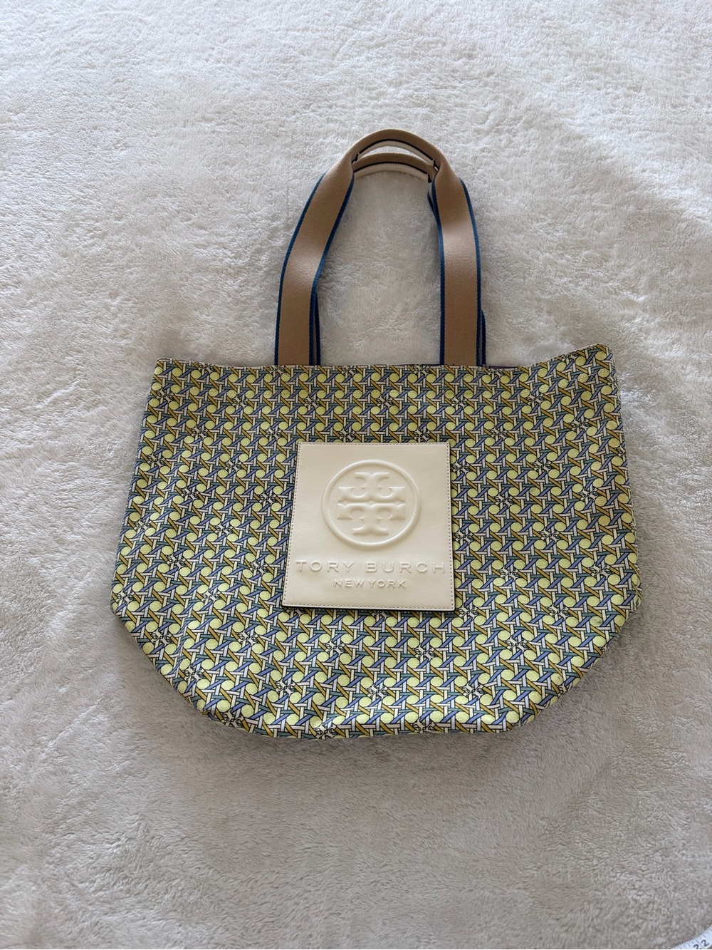 Tory Burch Ella Market Tote Bag in Acid Lemon Basketweave Pattern